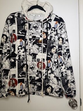Peacebird Graphic Comic-Print Hoodie in Black & White with Accent Colors Large